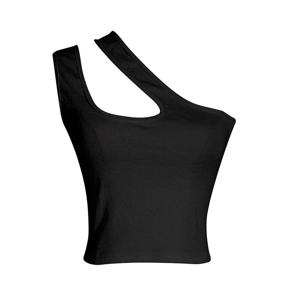 Hollow Out Tank Tops For Women Skew Collar Sleeveless Pullover Slim Asymmetrical  Temeprament Vest Female Fashion