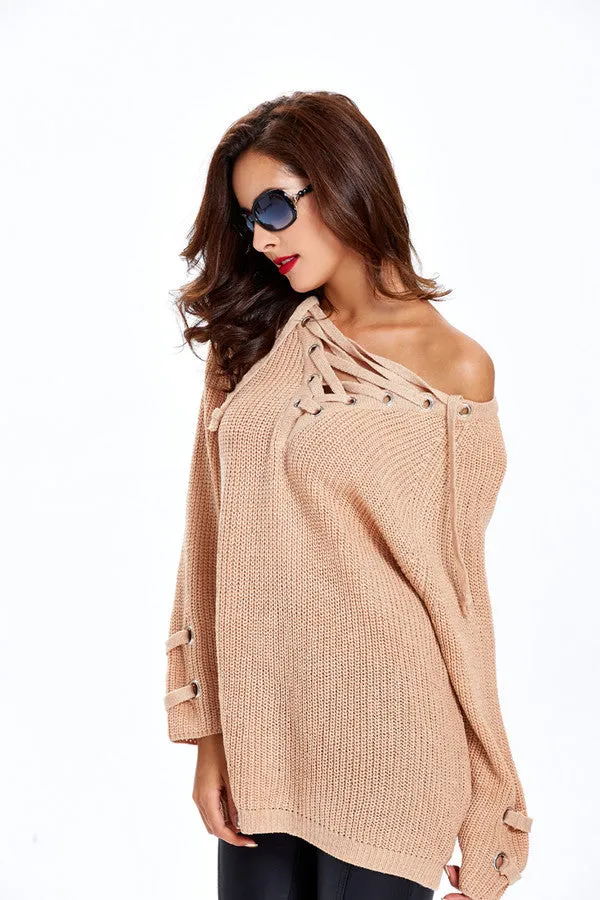 Lace Up V-Neck Sweater