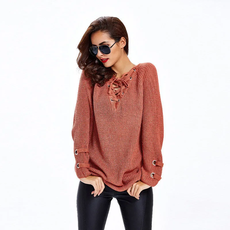 Lace Up V-Neck Sweater