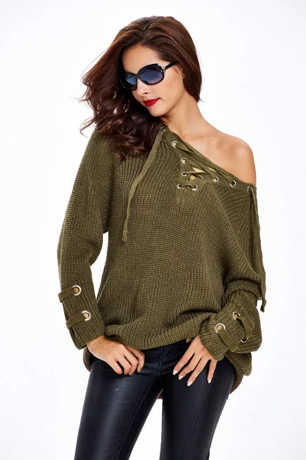 Lace Up V-Neck Sweater