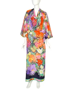 Leonard Vintage 1980s Blue Multicolor Painterly Floral Chiffon Silk Cowl Neck Balloon Sleeve Dress
