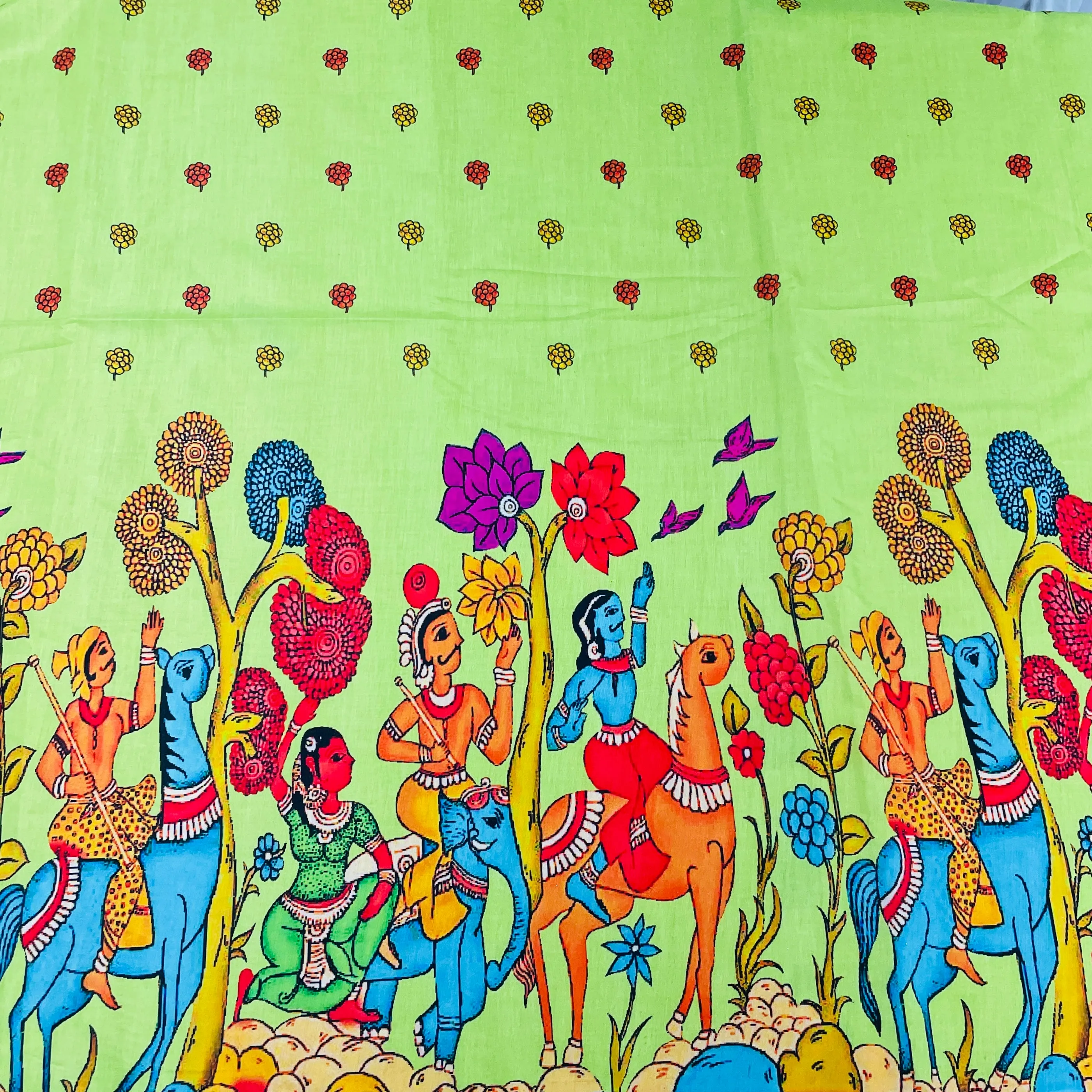 Light Green Madhubani Print Cotton Satin Fabric 31