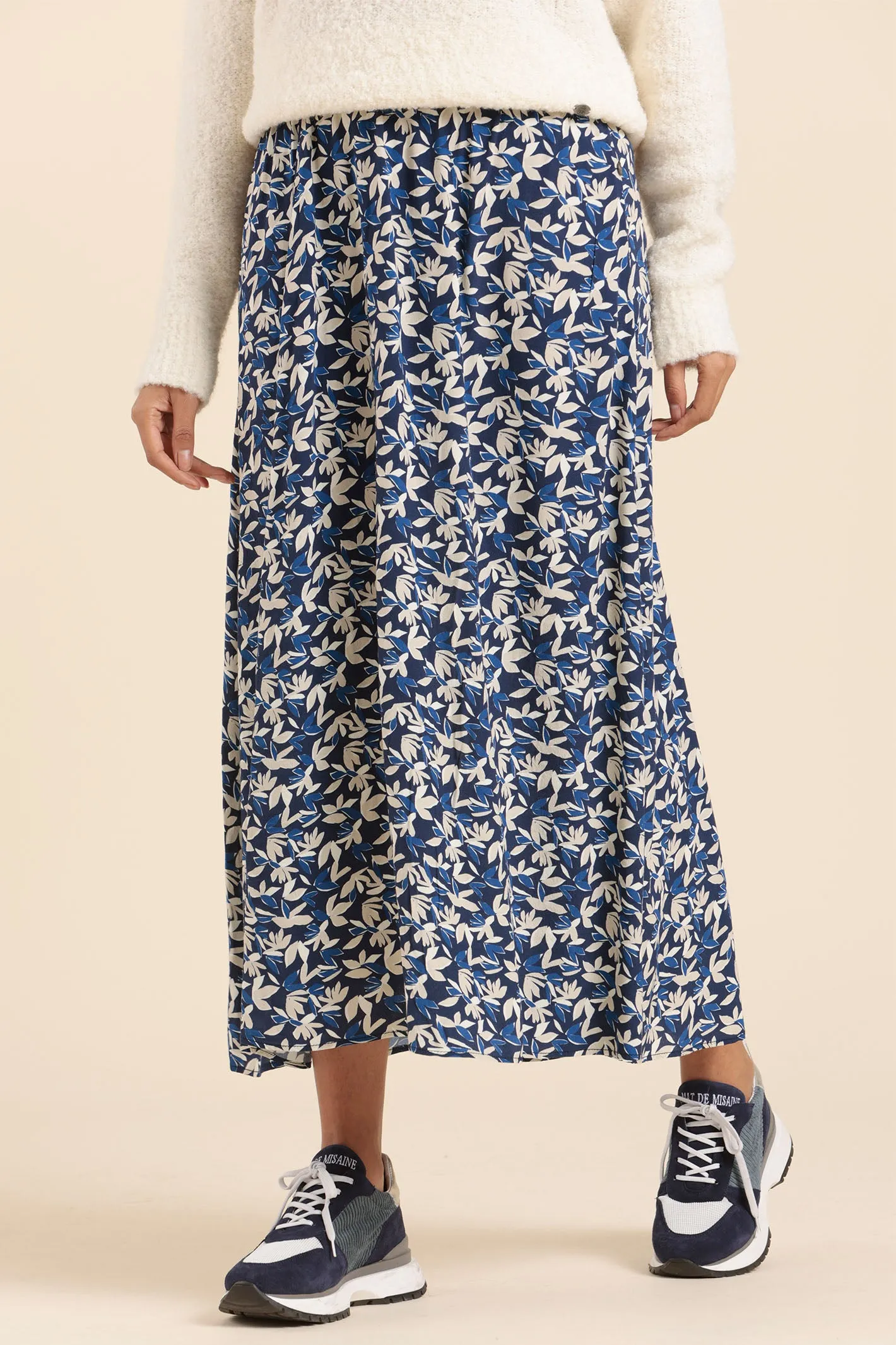 Mat De Misaine Skirt Midi Leaf Print Navy Cream Jade-2917HE I63