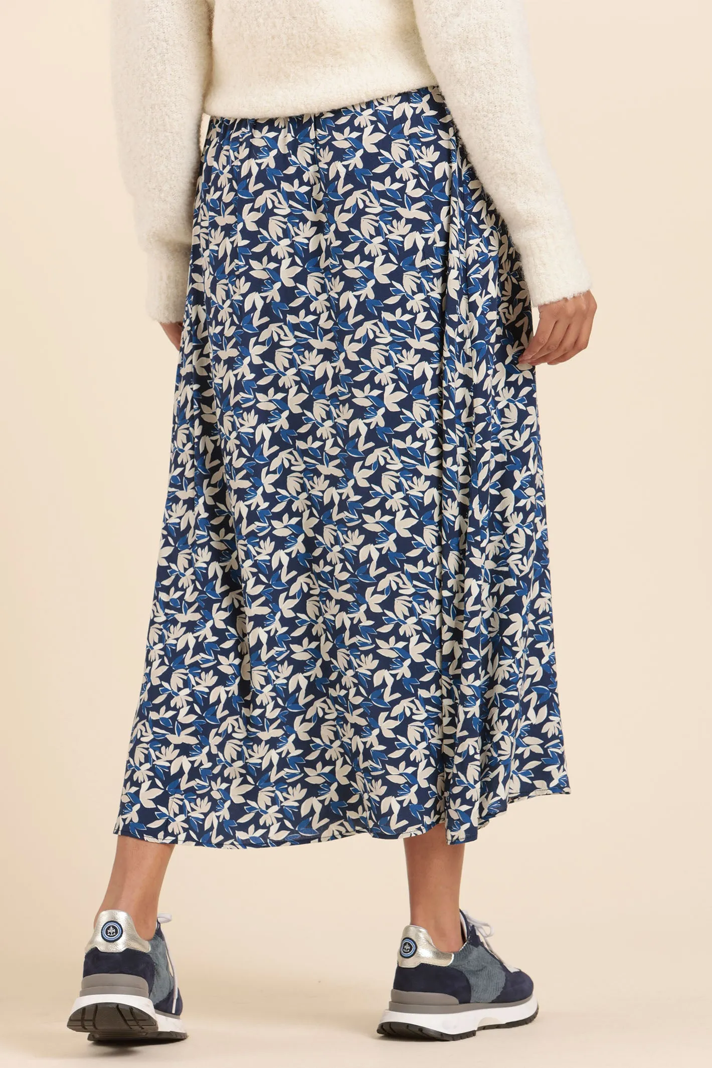 Mat De Misaine Skirt Midi Leaf Print Navy Cream Jade-2917HE I63
