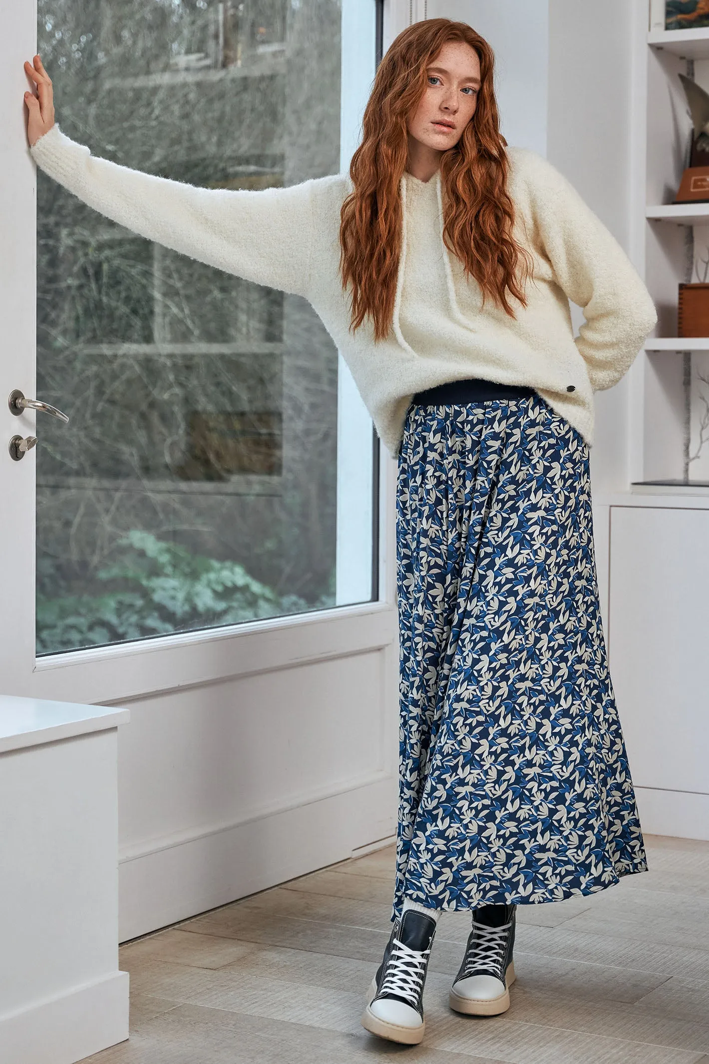 Mat De Misaine Skirt Midi Leaf Print Navy Cream Jade-2917HE I63