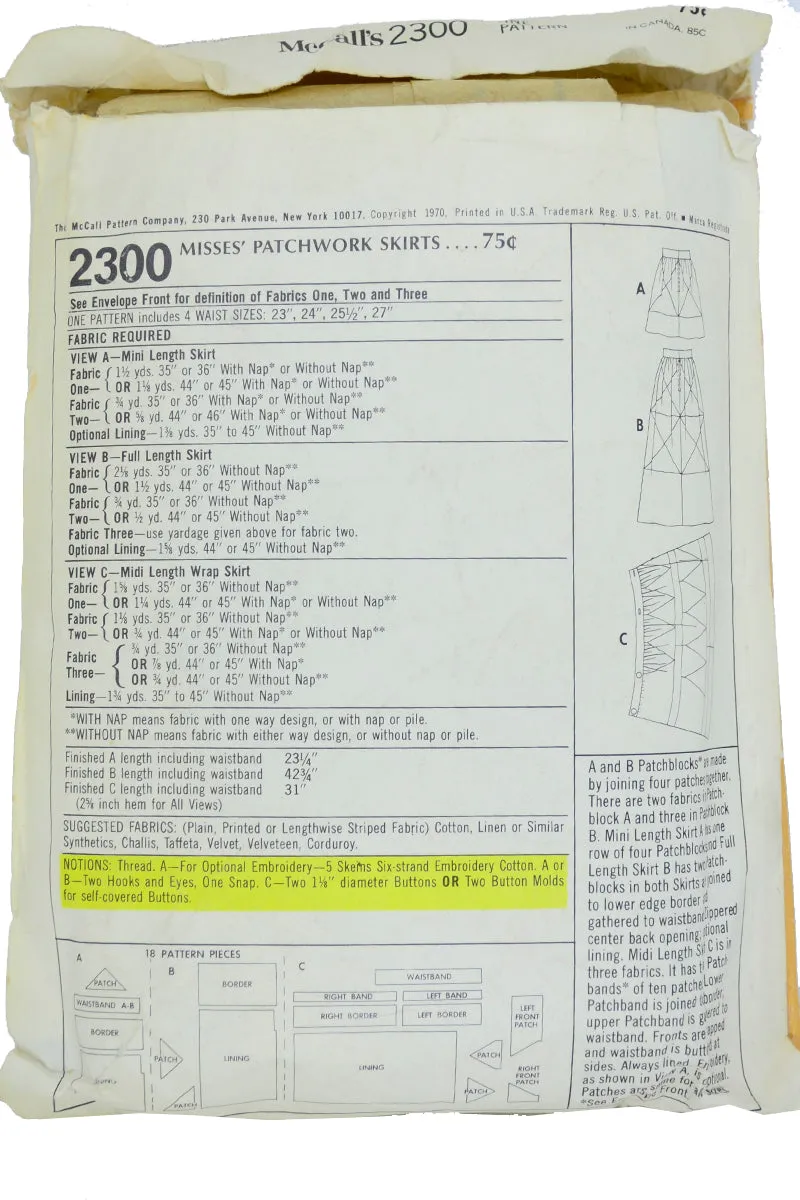 McCalls 2300 Vintage 1970 Patchwork Skirt Sewing Pattern