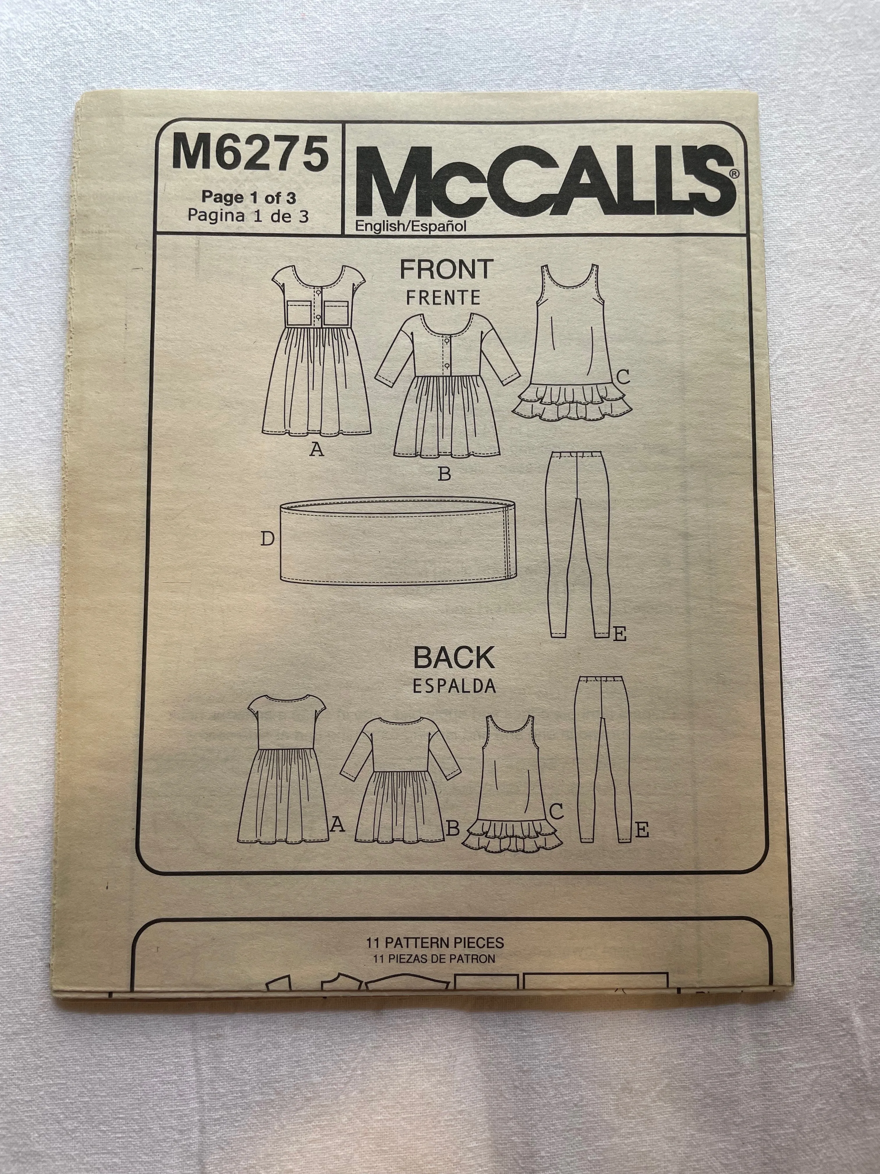 McCall's Pattern M6275, UNCUT Girls's Plus Dress, Scarf & Leggings, Sizes 10 1/2, 12 1/2, 14 1/2, 16 1/2