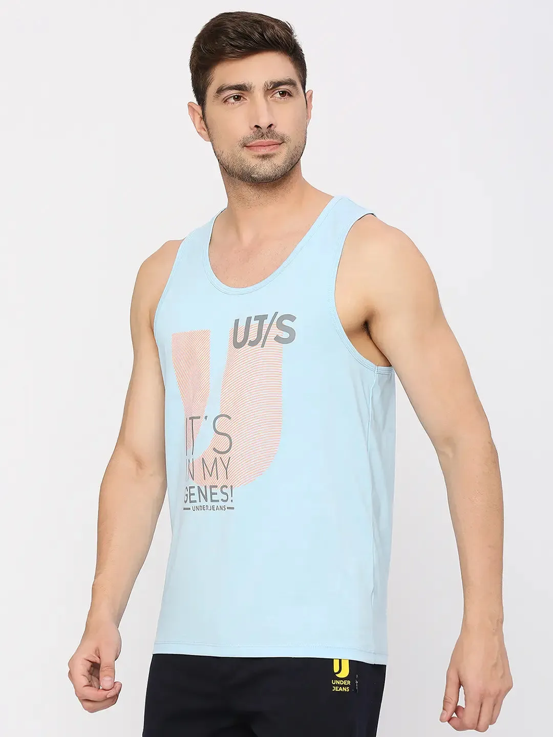 Men Premium Fashion Powder Blue Muscle Vest- Underjeans By Spykar