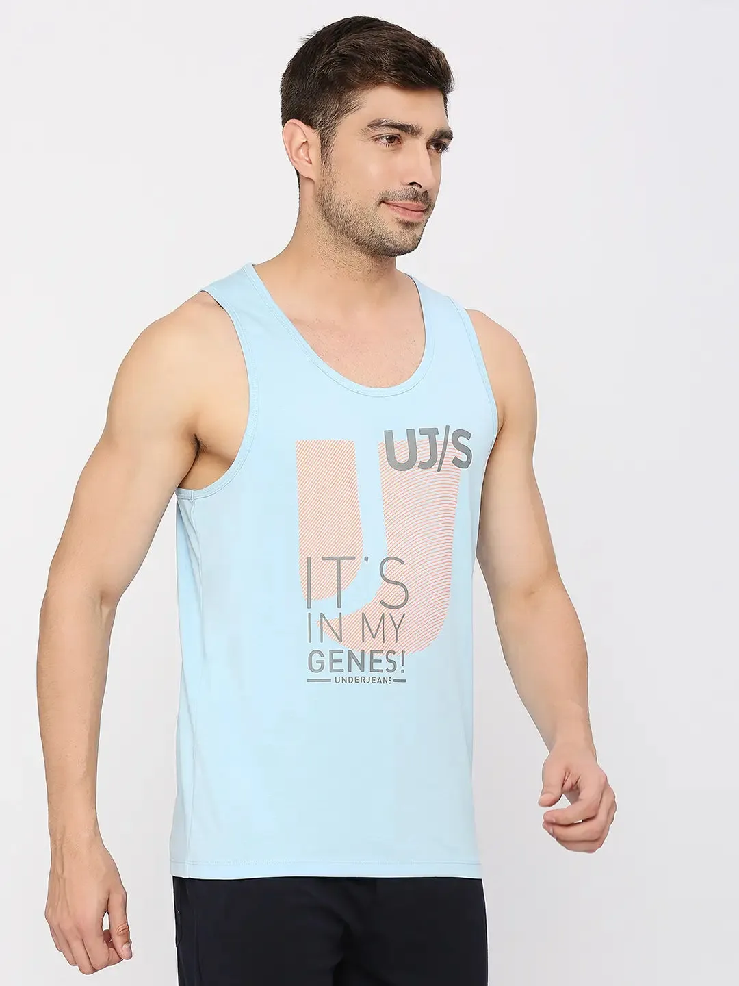 Men Premium Fashion Powder Blue Muscle Vest- Underjeans By Spykar