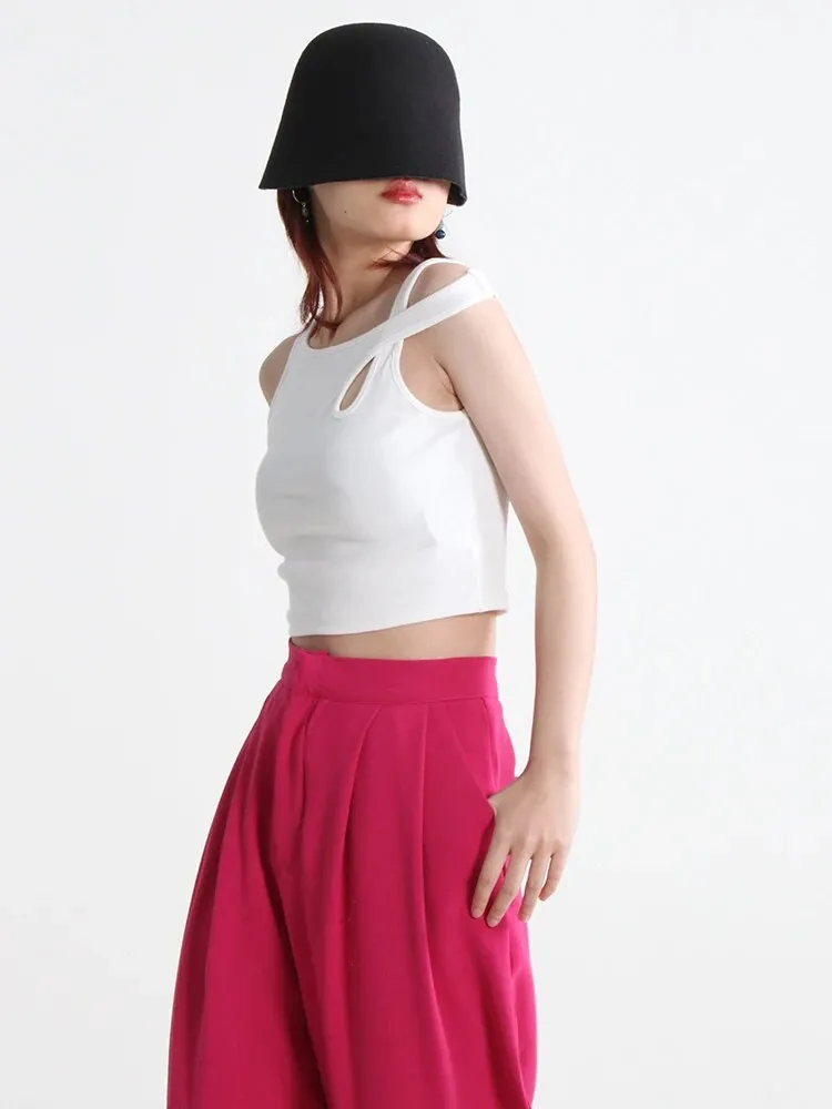Minimalist Hollow Out Tank Tops For Women  Irregular Collar Sleeveless Pullover Casual Sexy Vest Female Summer