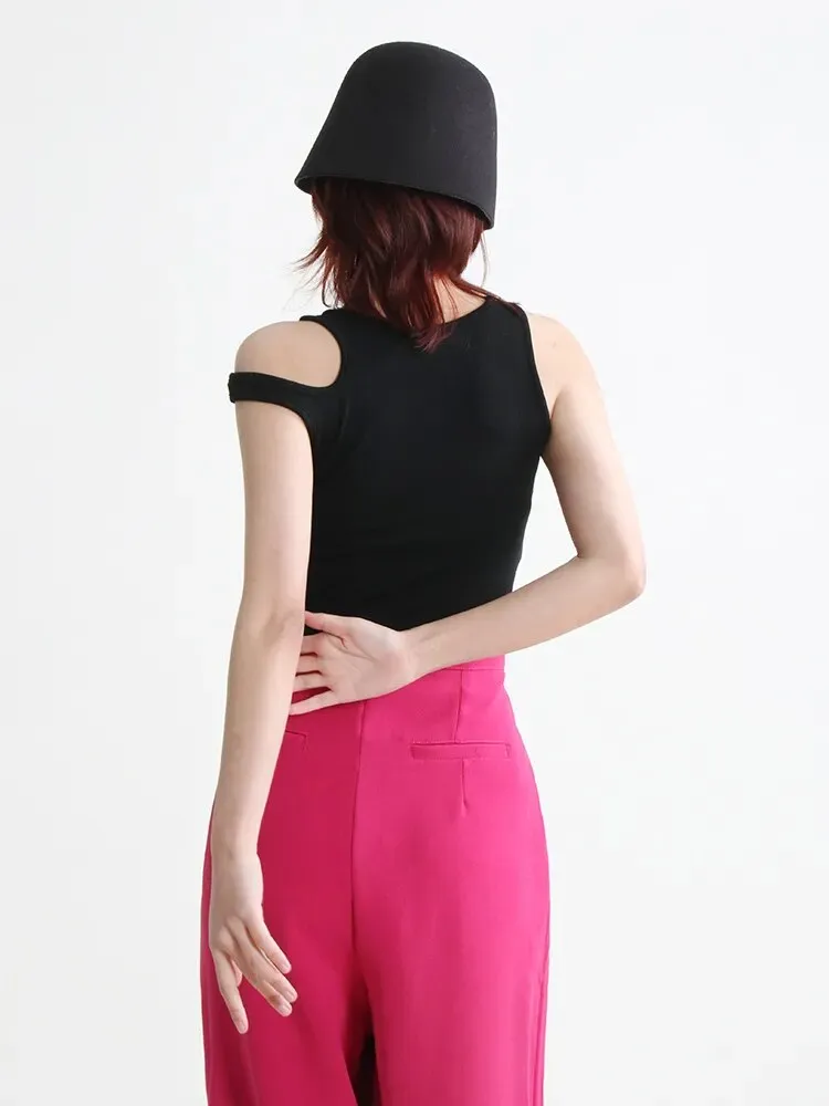 Minimalist Hollow Out Tank Tops For Women  Irregular Collar Sleeveless Pullover Casual Sexy Vest Female Summer