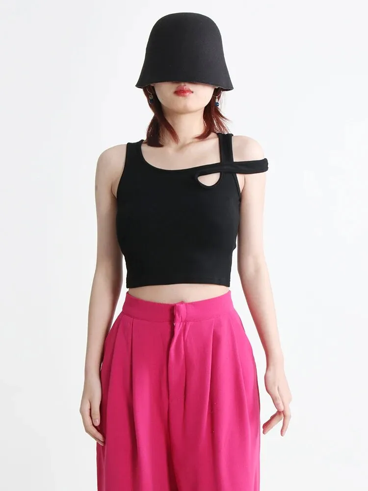 Minimalist Hollow Out Tank Tops For Women  Irregular Collar Sleeveless Pullover Casual Sexy Vest Female Summer