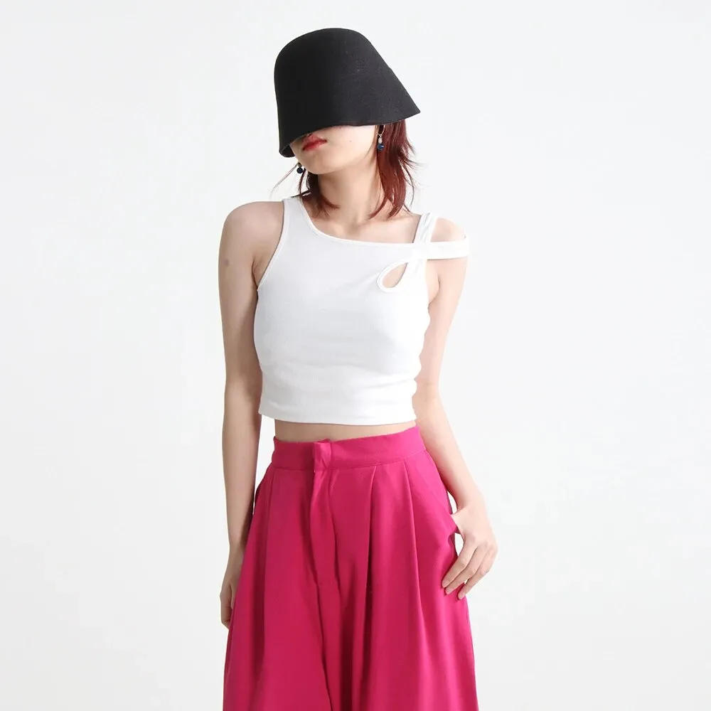 Minimalist Hollow Out Tank Tops For Women  Irregular Collar Sleeveless Pullover Casual Sexy Vest Female Summer