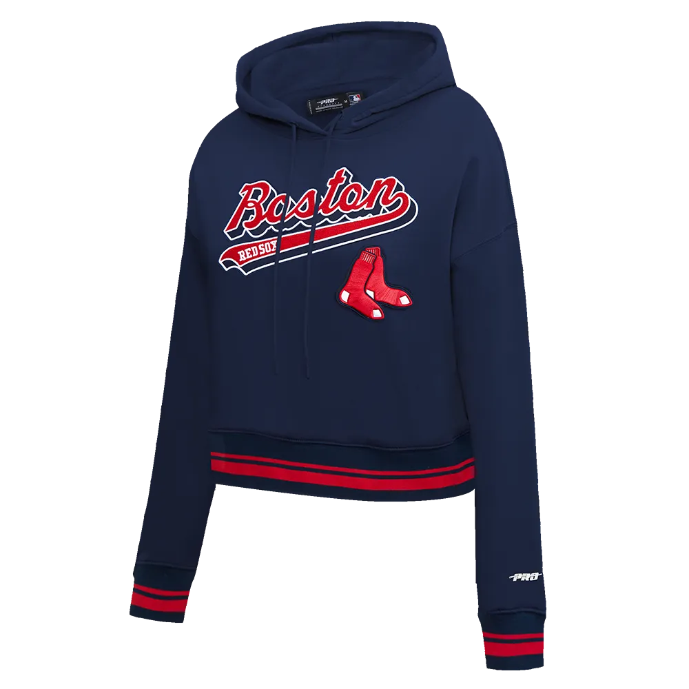 MLB BOSTON RED SOX SCRIPT TAIL WOMEN'S RIB FLC CROPPED PO HOODIE (MIDNIGHT NAVY/RED/MIDNIGHT NAVY)