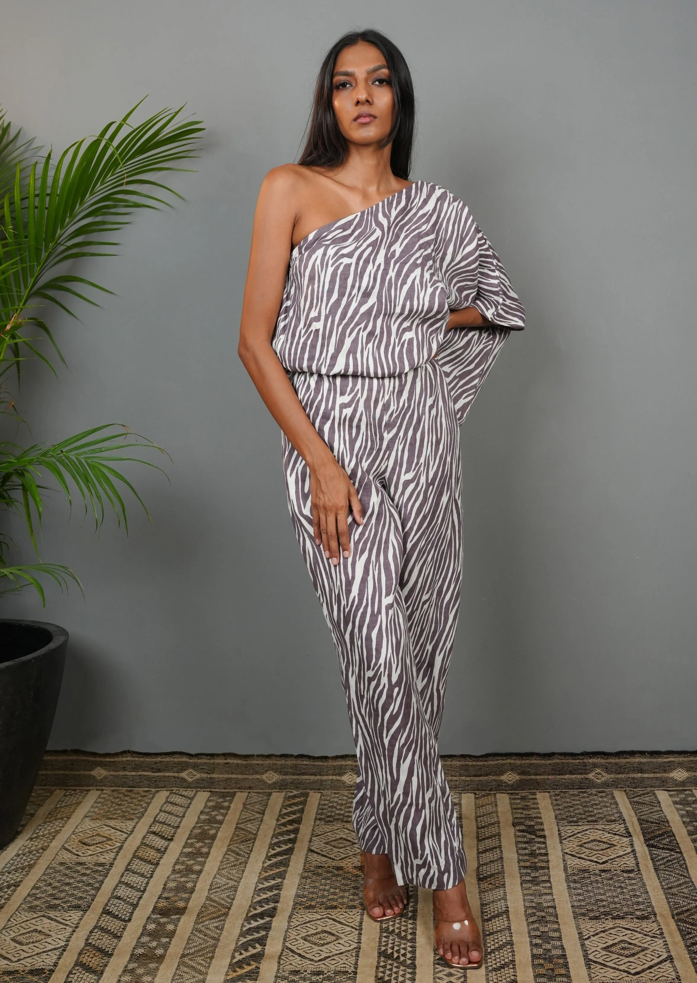 One Shoulder Jumpsuit - Taupe Tiger