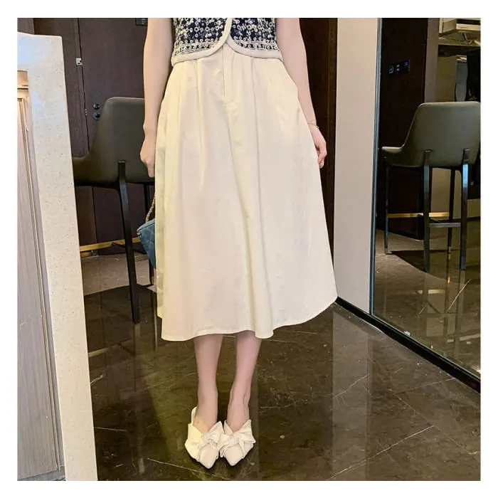 Puff-Sleeve Floral Print Lace Collar Button-Up Blouse / High Waist Plain Midi A-Line Skirt / Set