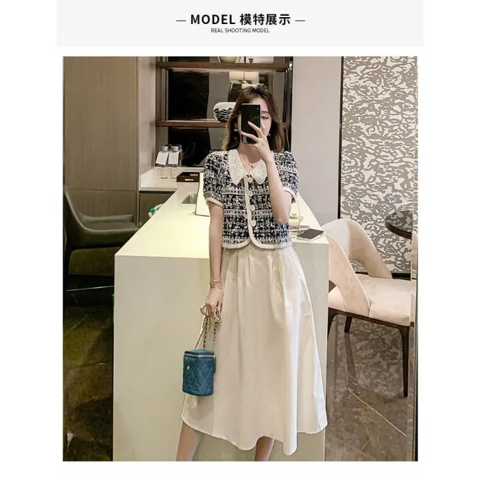 Puff-Sleeve Floral Print Lace Collar Button-Up Blouse / High Waist Plain Midi A-Line Skirt / Set