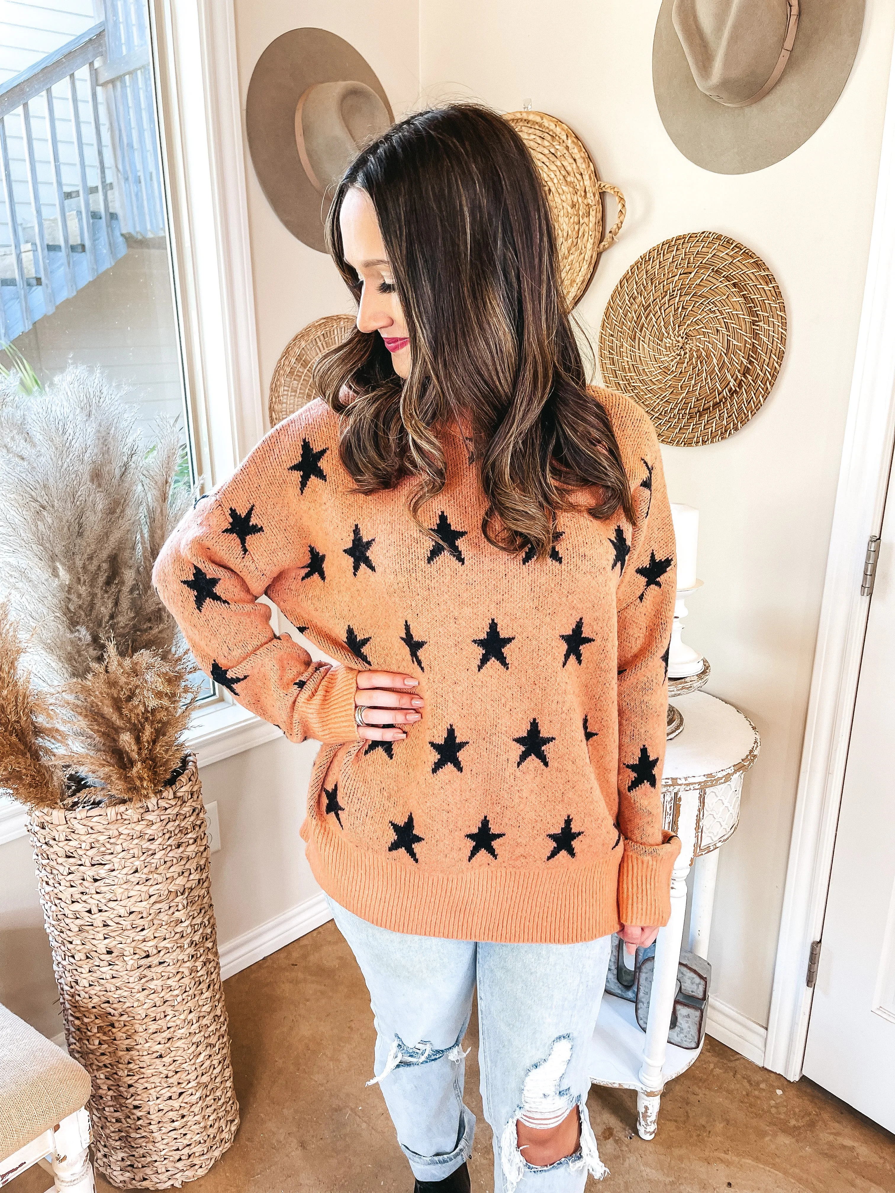 Pumpkin Spice Dreams Star Print Long Sleeve Sweater in Coral Orange