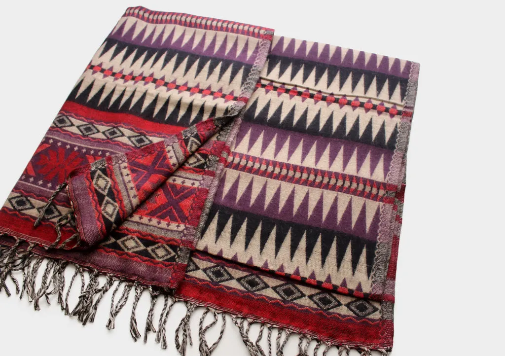 Purple and Black Jacquard Triangle Print Woolen Shawl