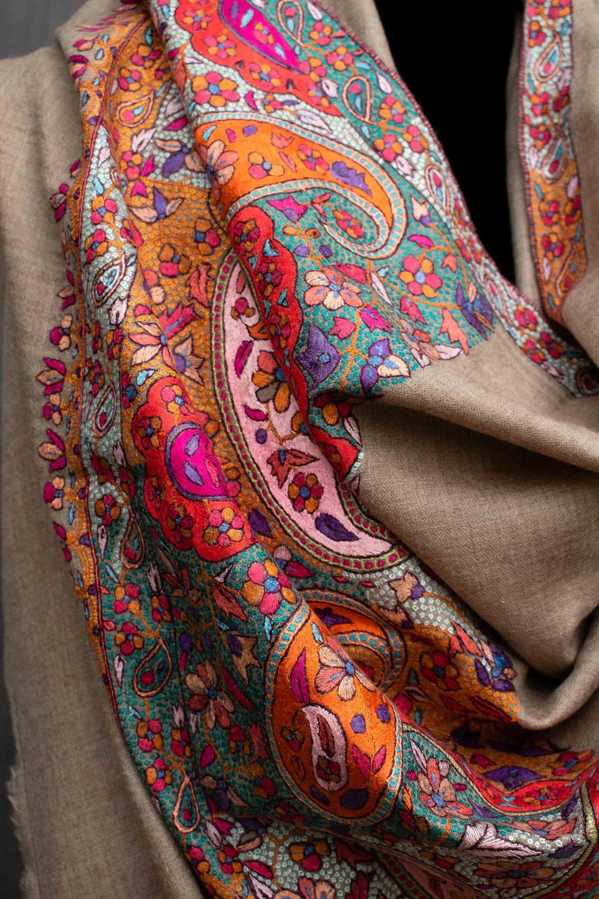 Rangrez Pashmina Shawl, Paper Machie Embroidery, Handmade in Kashmir, 40x80"