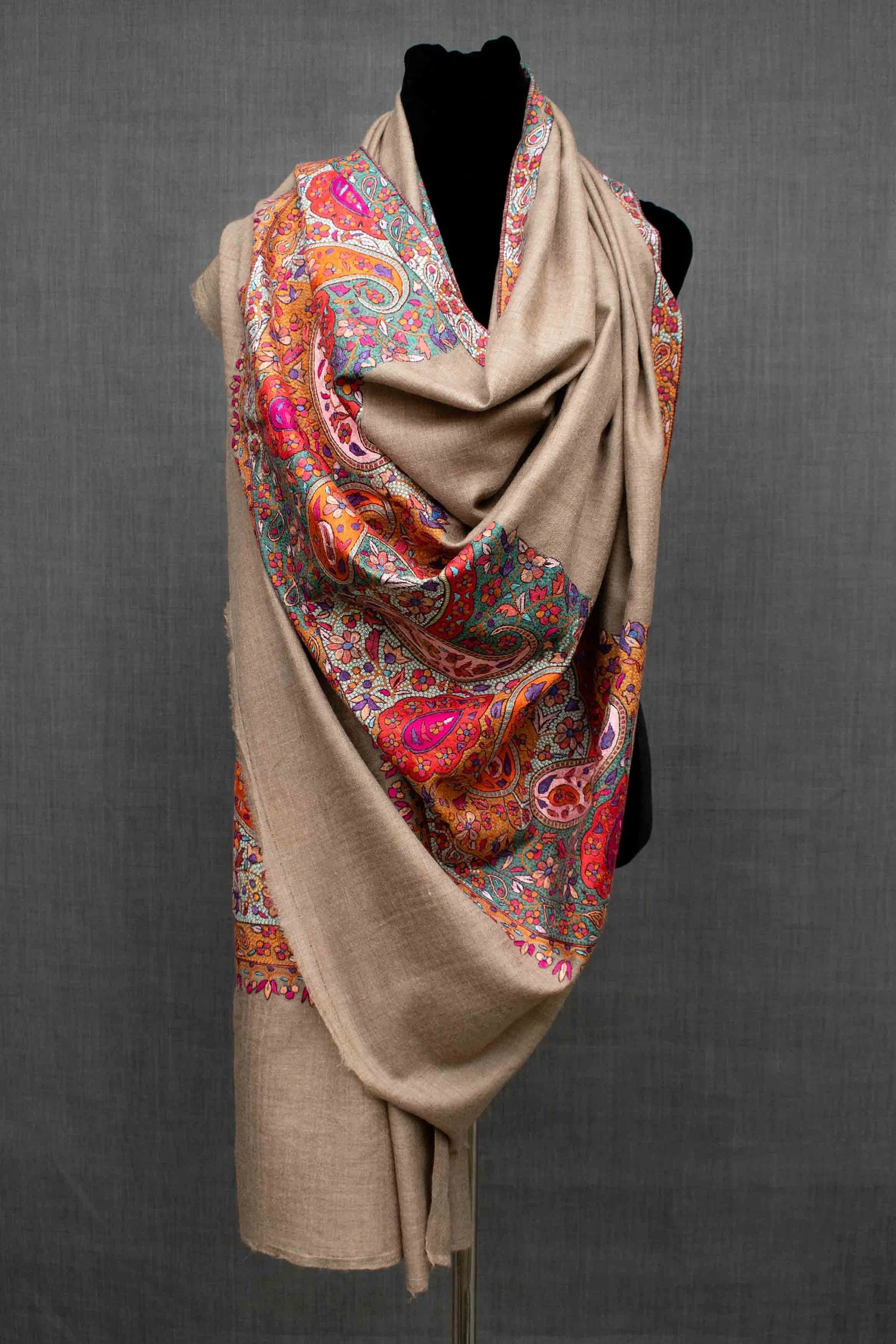 Rangrez Pashmina Shawl, Paper Machie Embroidery, Handmade in Kashmir, 40x80"