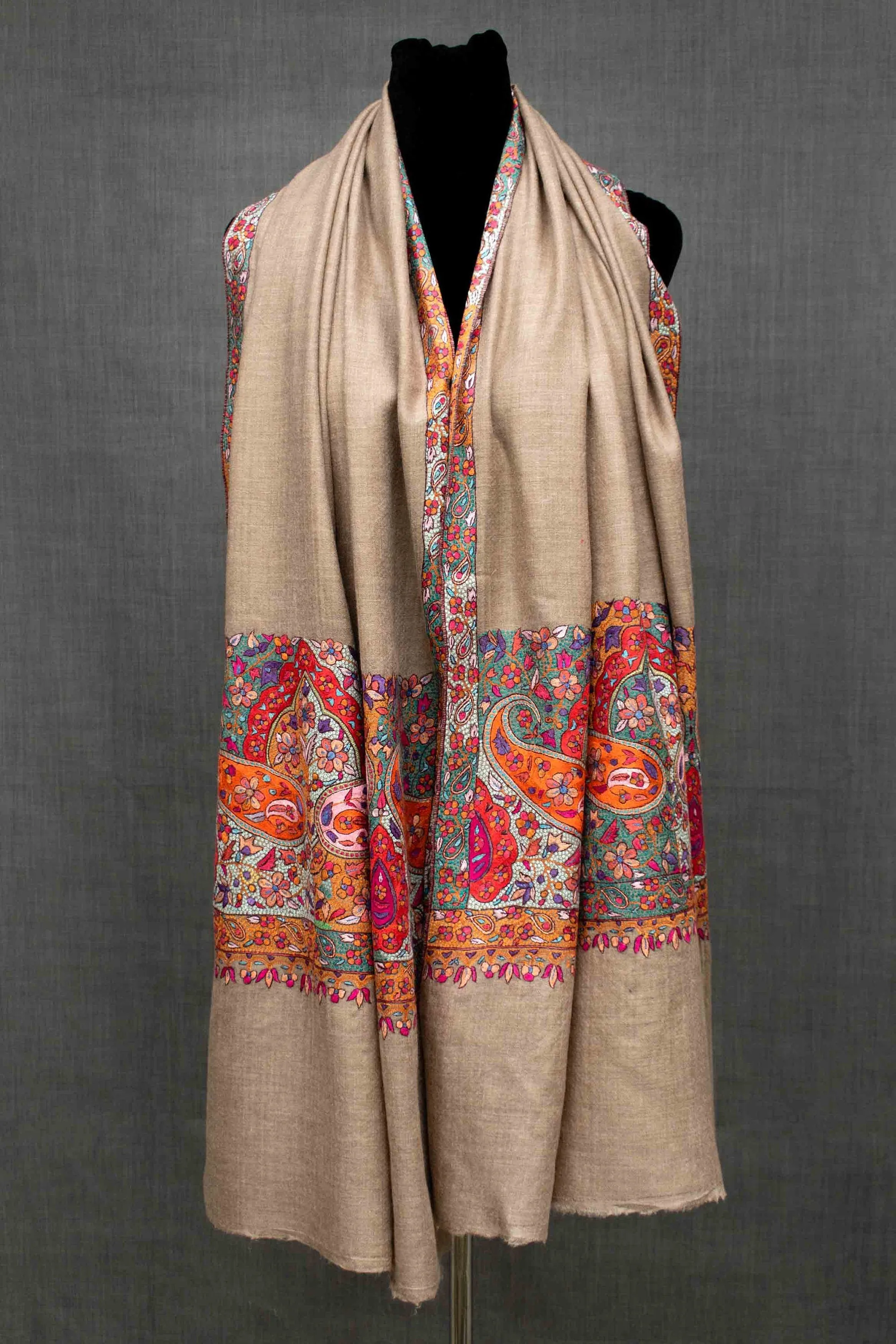 Rangrez Pashmina Shawl, Paper Machie Embroidery, Handmade in Kashmir, 40x80"