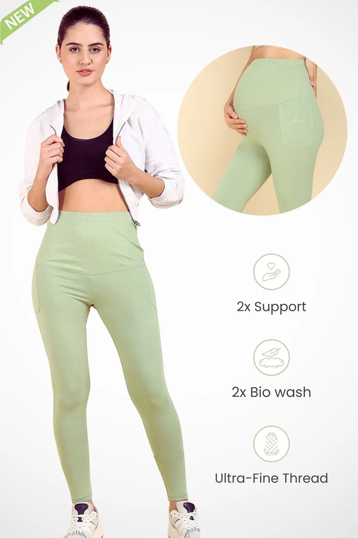 Ribbed Cotton Pistachio Green Maternity Legging (Pregnancy & Postpartum)