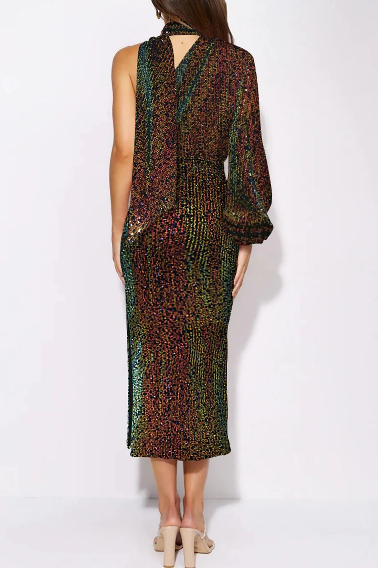 Sequins Scarf One Shoulder Slit Dress