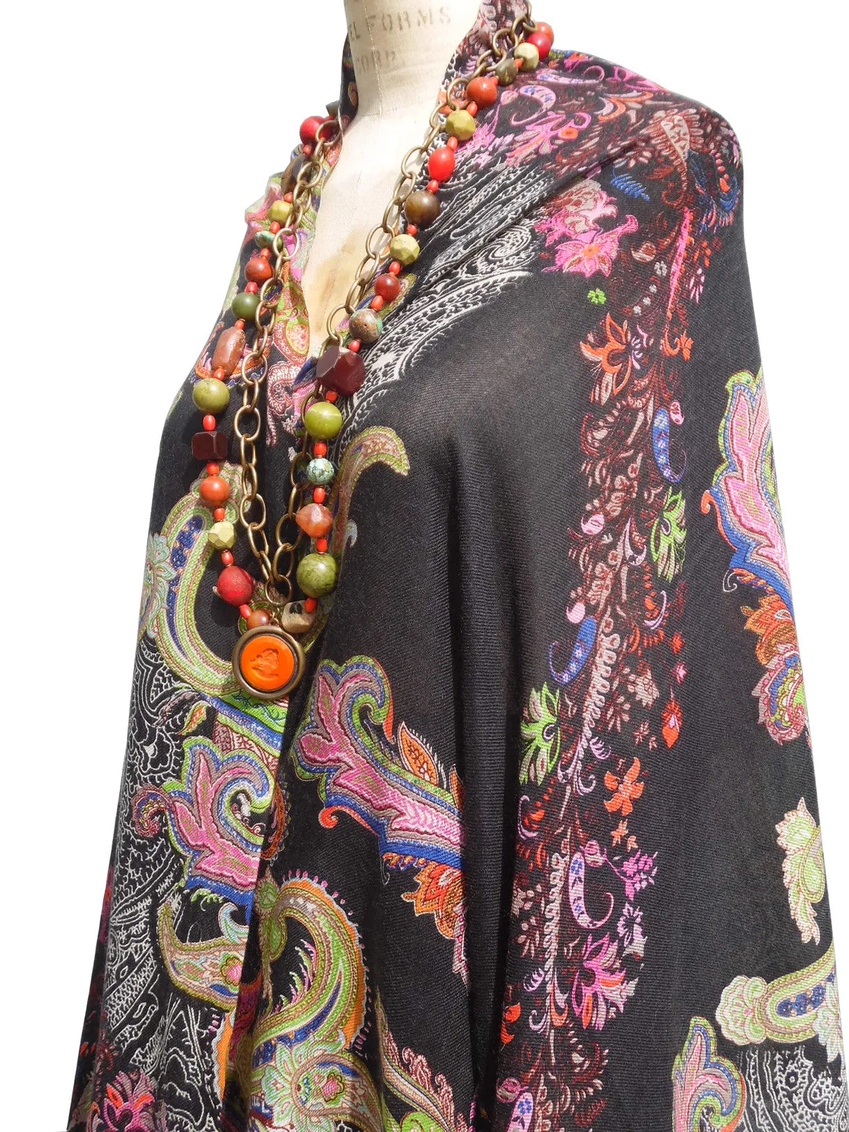 Shawl Silk And Cashmere Paisley Black and Bright