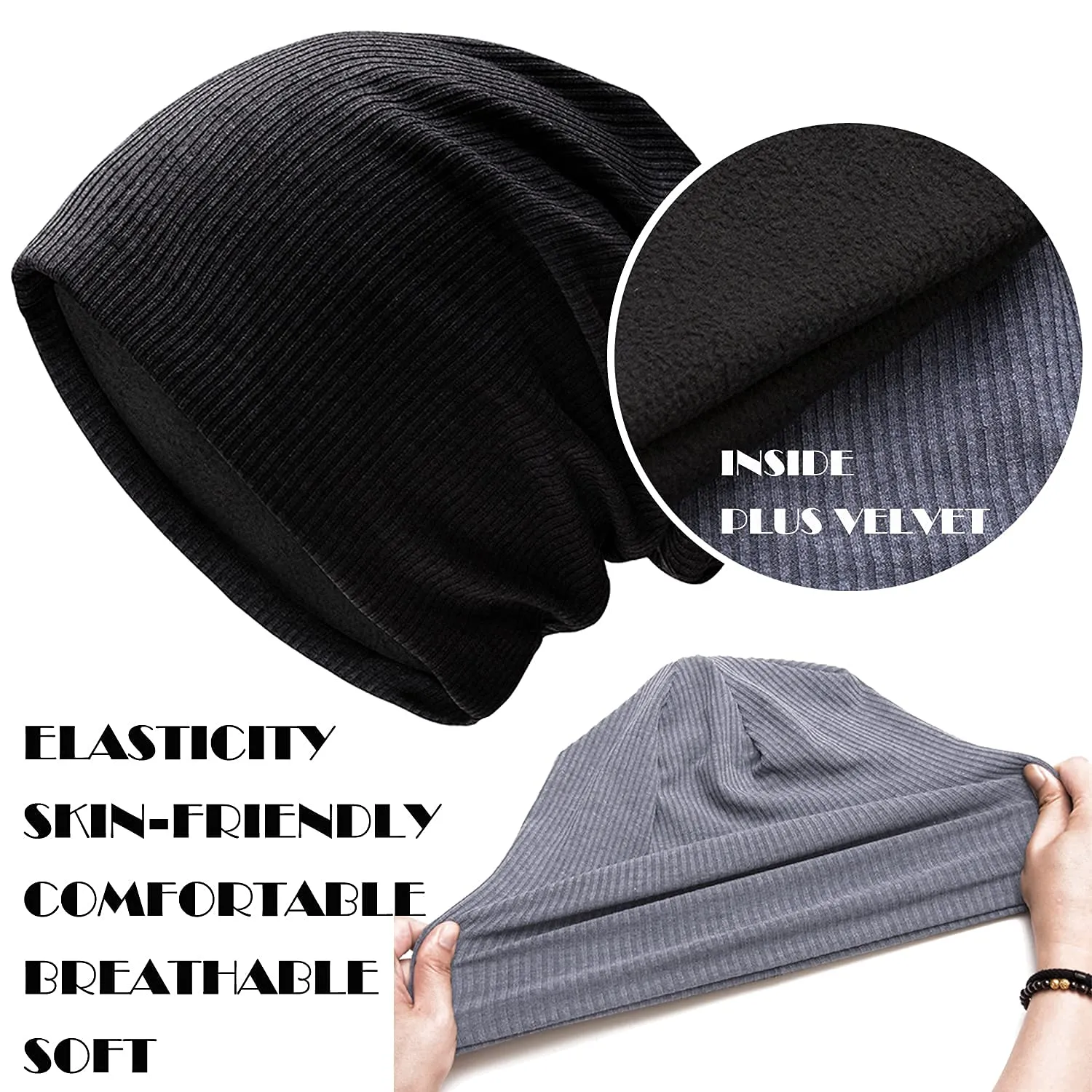 Sidiou Group Anniou Men Women Knitted Beanie Hat Fleece Lining Autumn Winter Stripe Pullover Cap Unisex Fashion Soft Warm Slouch Beanie Hats