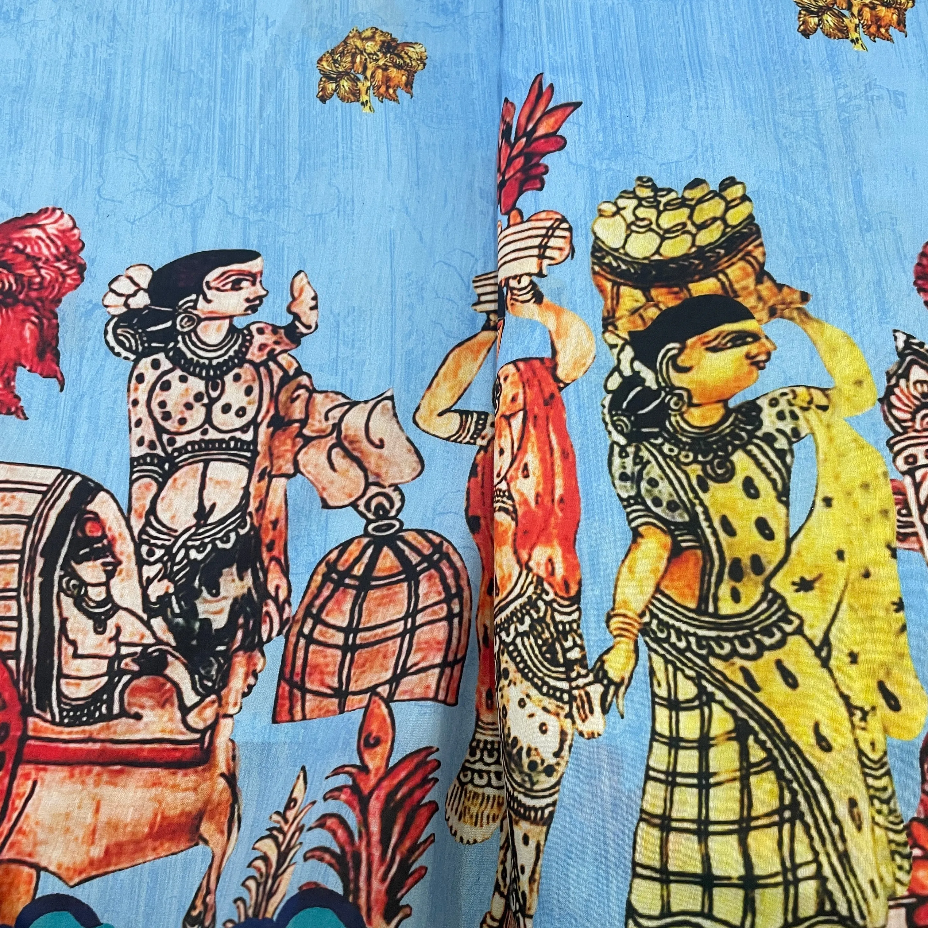 Sky Blue Madhubani Print Cotton Satin Fabric 35