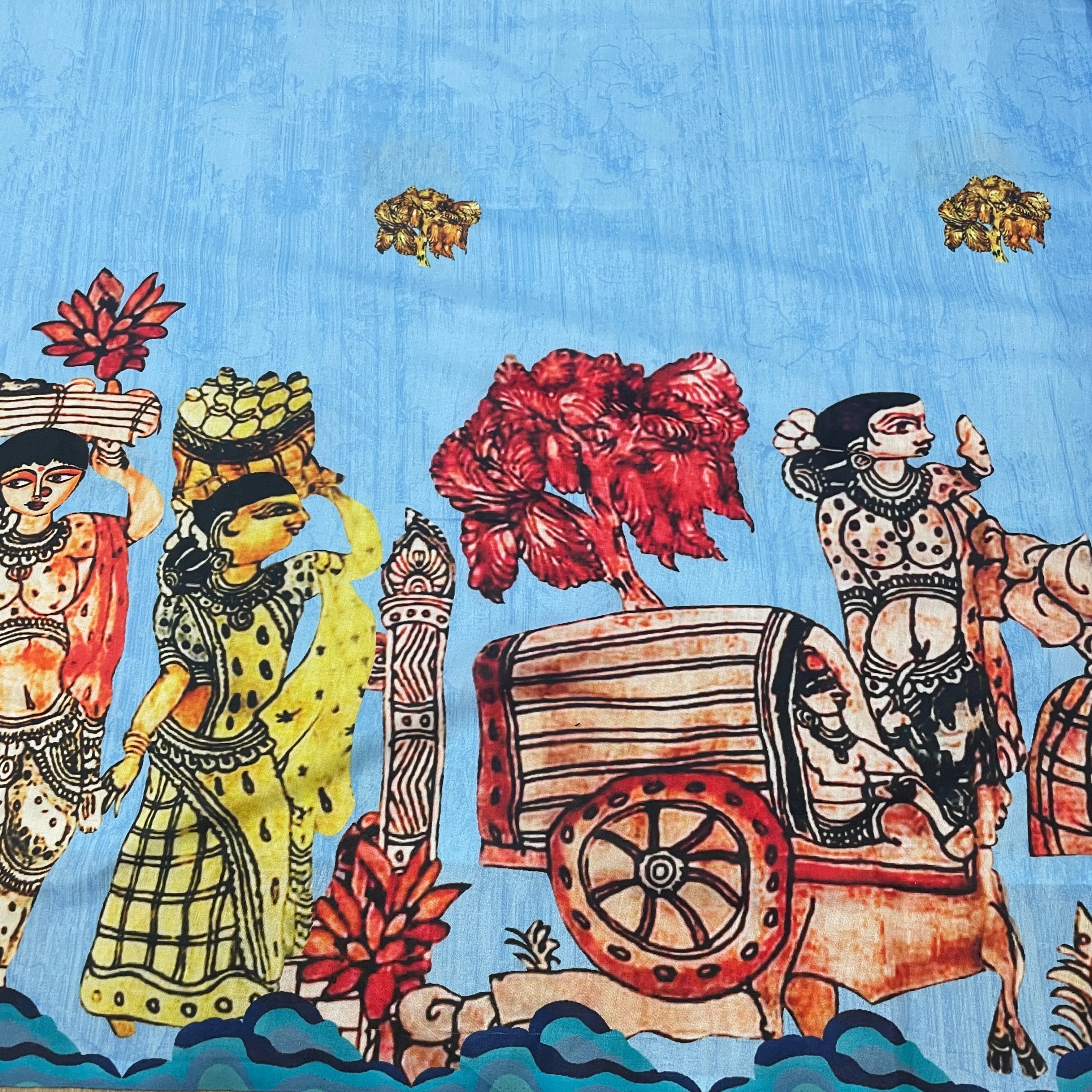 Sky Blue Madhubani Print Cotton Satin Fabric 35