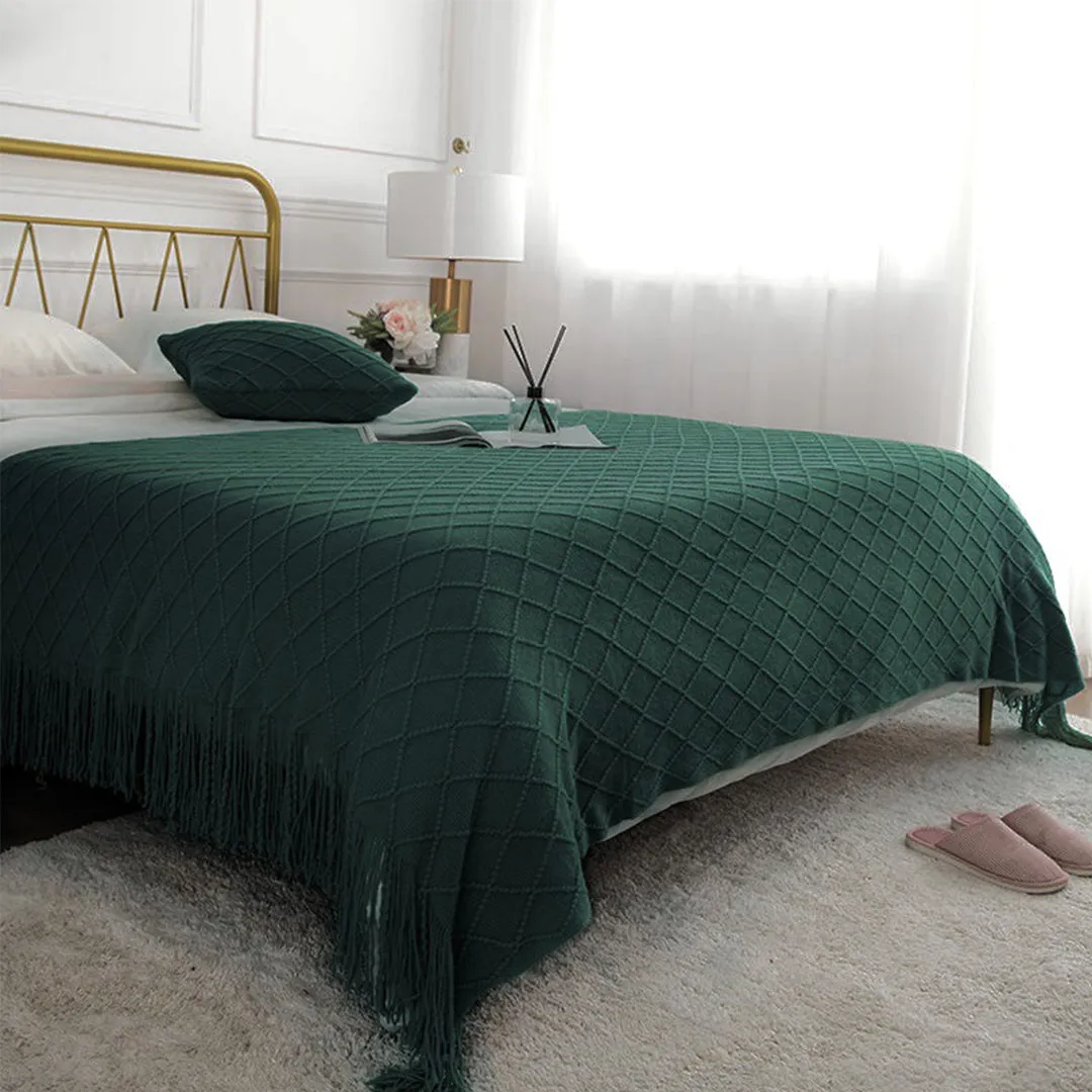SOGA Green Diamond Pattern Knitted Throw Blanket Warm Cozy Woven Cover Couch Bed Sofa Home Decor with Tassels