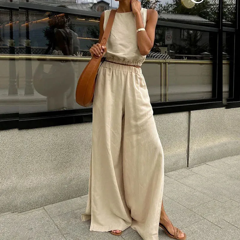 Solid Cotton Linen O-neck Sleeveless Vest Casual High Street Pocket Simple Set