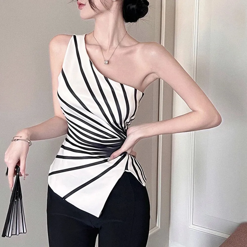 Summer Hit Color Tank Tops For Women Asymmetrical Diagonal Collar Sleeveless Pullover Summer Vest Female Fashion