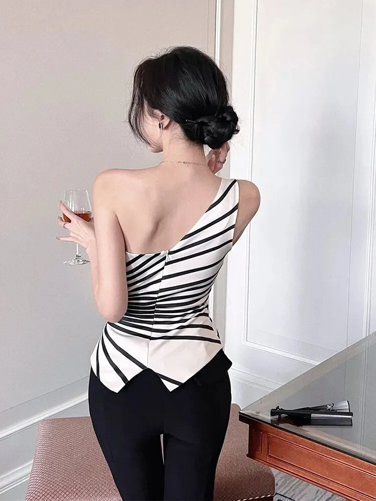Summer Hit Color Tank Tops For Women Asymmetrical Diagonal Collar Sleeveless Pullover Summer Vest Female Fashion
