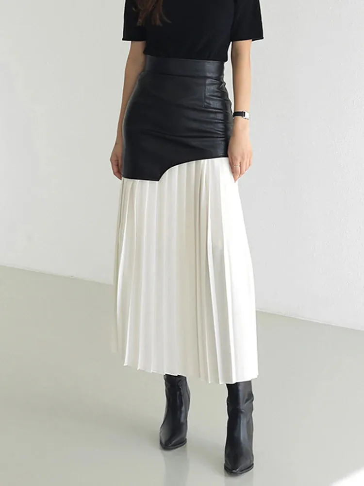 Symphony Color Block Pleated Faux Leather Mid Skirt