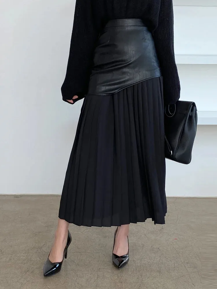 Symphony Color Block Pleated Faux Leather Mid Skirt