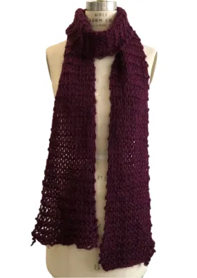 Unisex burgundy acrylic hand knit scarf 6" wide approx 87" long