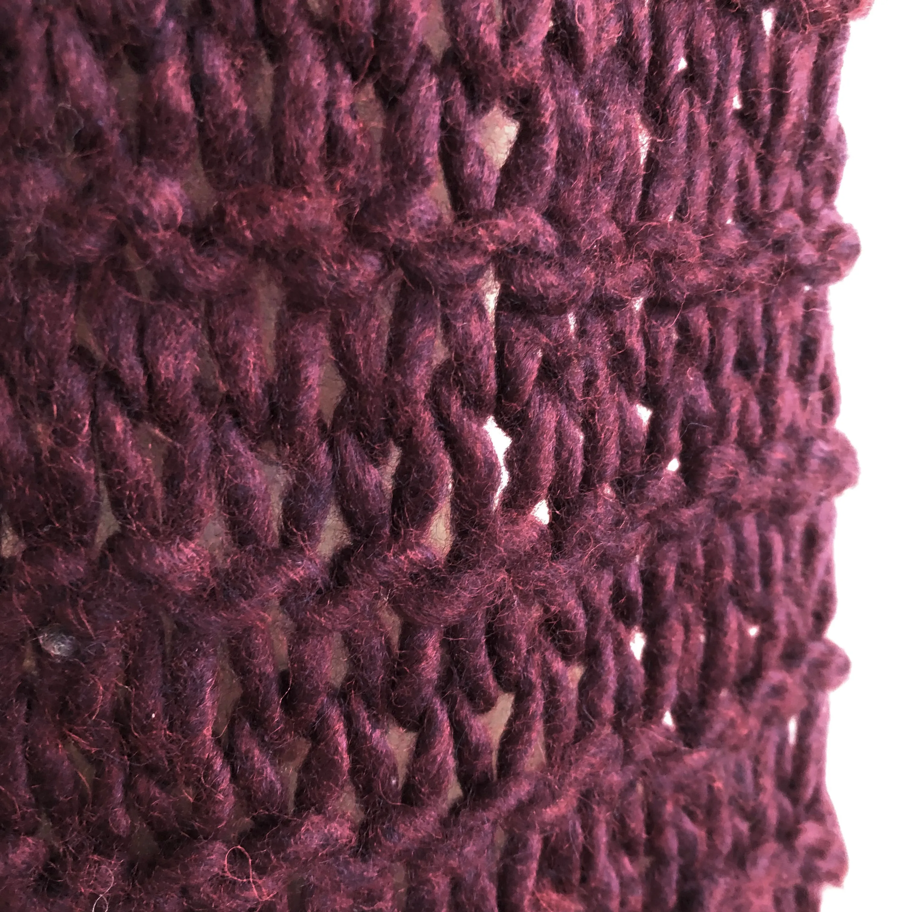 Unisex burgundy acrylic hand knit scarf 6" wide approx 87" long