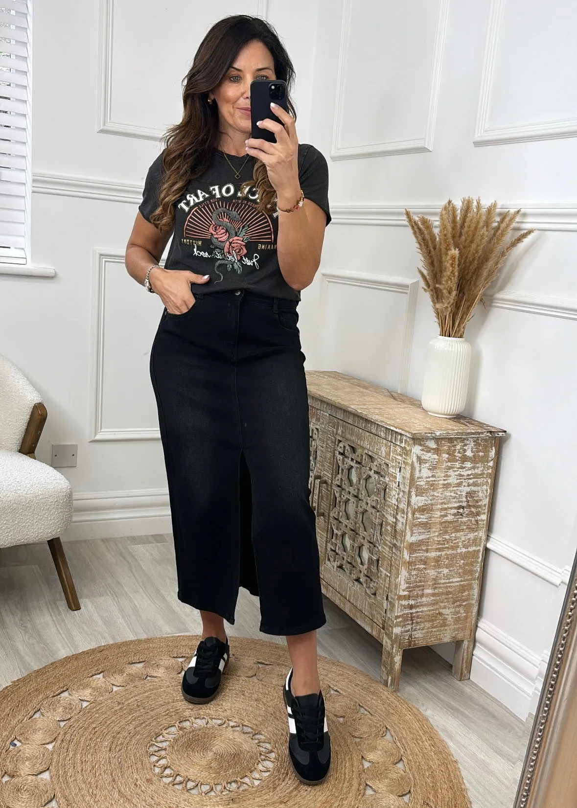 Verona Black Front Slit Midi Skirt