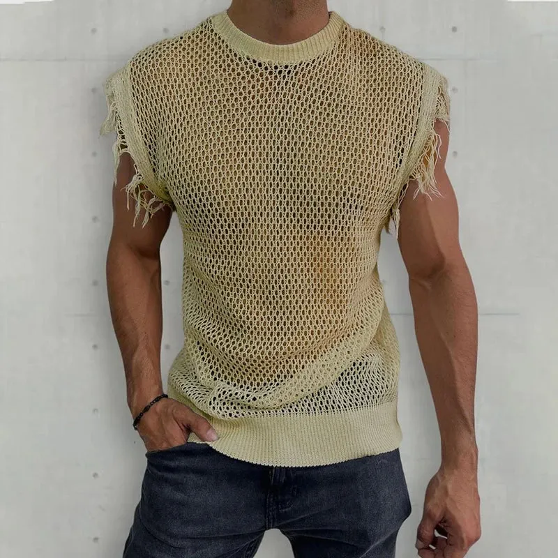 Wiaofellas  -  Men Summer Sleeveless O Neck Basic Pullover Tee For Man Clothing Casual Tassel Solid Shirt Hollow Knit Vest Top Streetwear