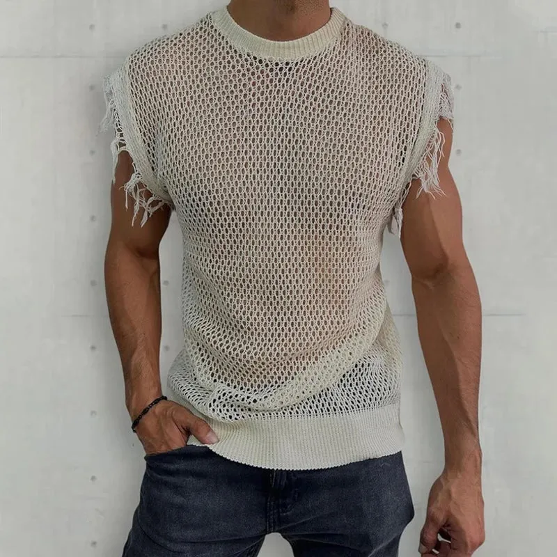 Wiaofellas  -  Men Summer Sleeveless O Neck Basic Pullover Tee For Man Clothing Casual Tassel Solid Shirt Hollow Knit Vest Top Streetwear