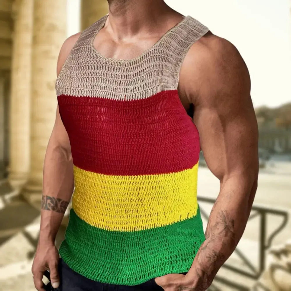 Wiaofellas  -  Men's Crochet Tank Top with Colorful Stripes Men's Contrast Color Thick Knit Sweater Casual Sleeveless Pullover Vest Summer Top