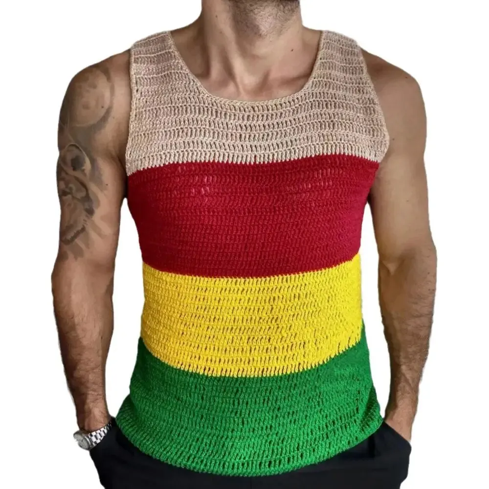 Wiaofellas  -  Men's Crochet Tank Top with Colorful Stripes Men's Contrast Color Thick Knit Sweater Casual Sleeveless Pullover Vest Summer Top