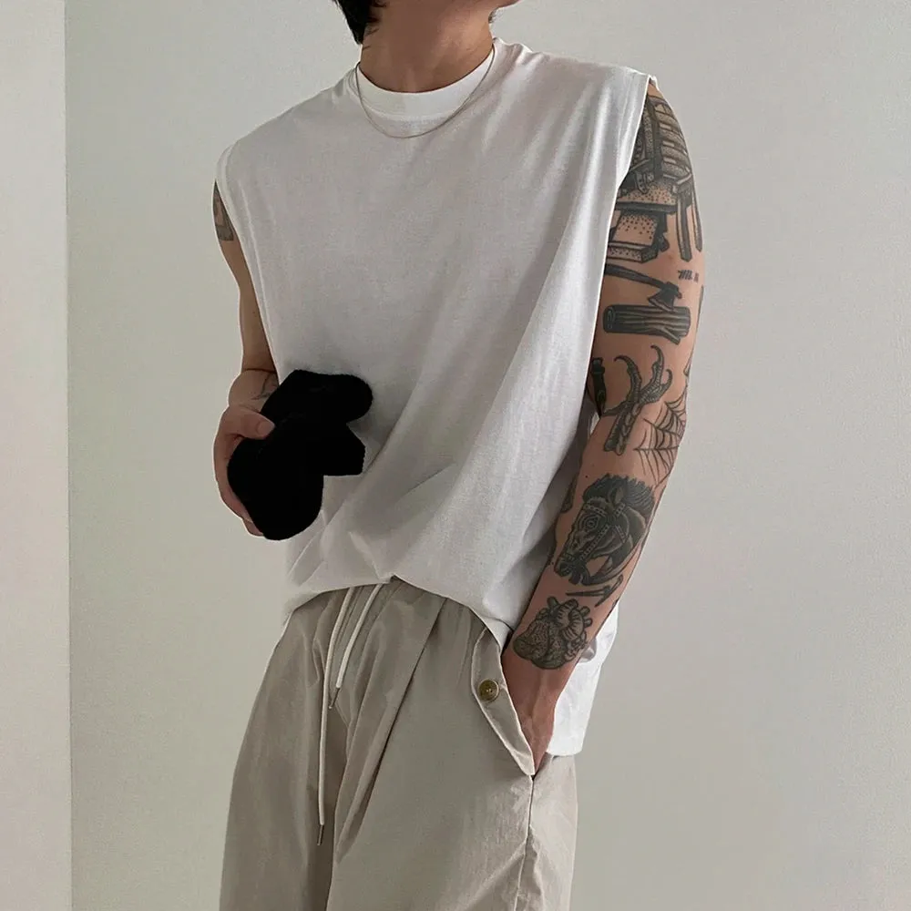 Wiaofellas  -  Summer Simple Male Sleeveless Top Loose Solid Color Casual Round Collar Cotton Vest New Stylish Men's T-shirt Pullover