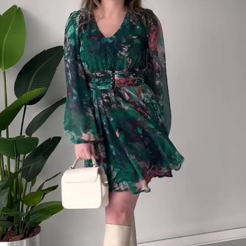 Wjczt party dresses 2024 Autumn New Retro Printed High Waist Long Sleeve Elegant Jumpsuit Short Skirt for Women