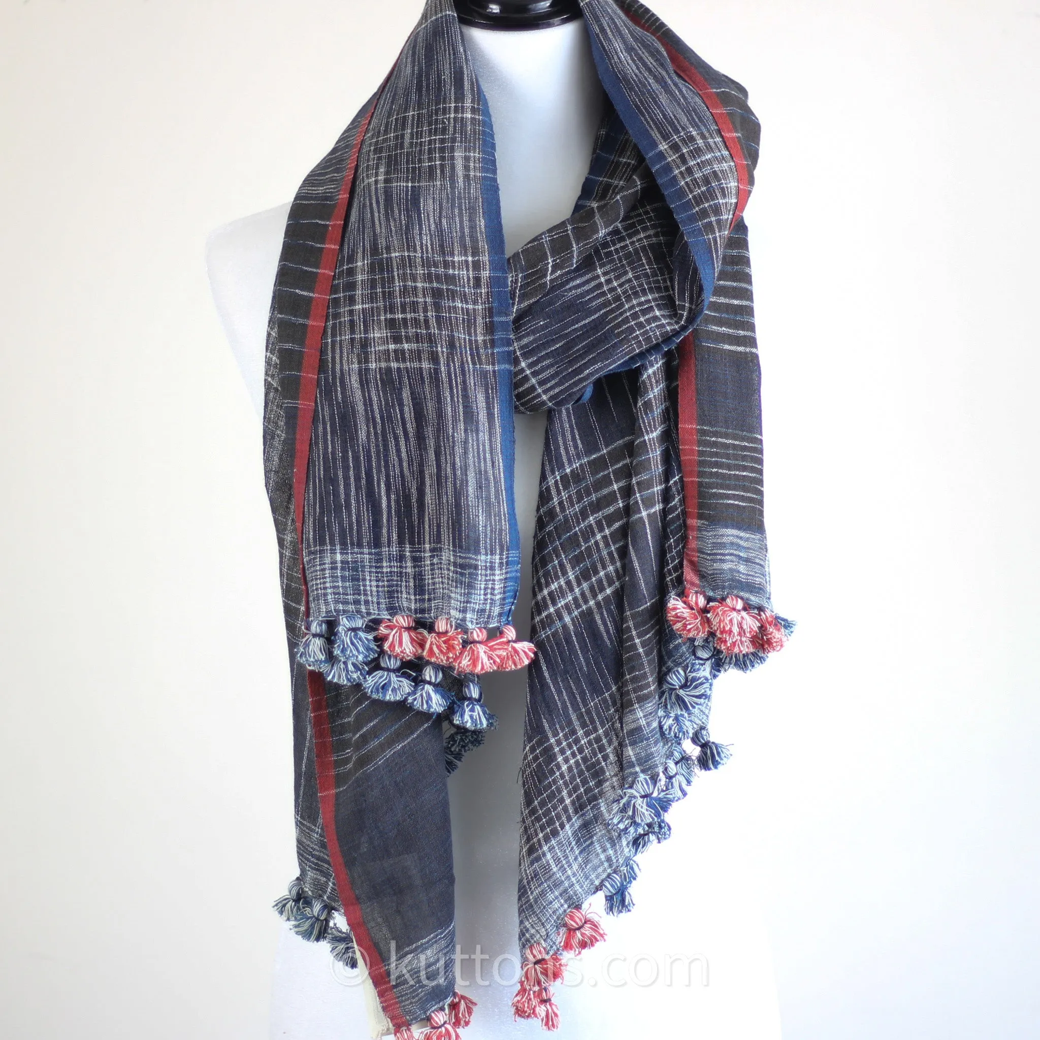 Wrap in Artistry - Organic Cotton Scarf, Dyed with Natural Dyes - Handwoven by Women Weavers | Blue-Red, 26x73"