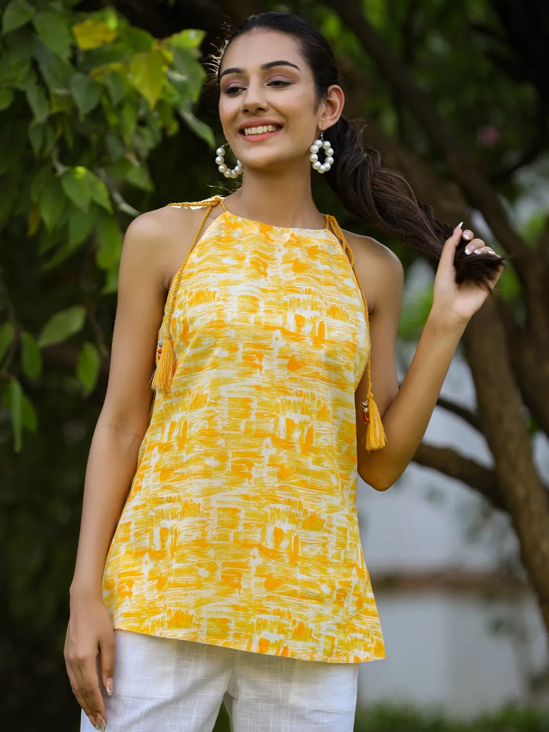 Yellow Ethnic Cotton Printed Tie-Up Top