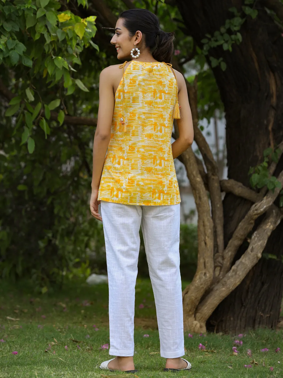 Yellow Ethnic Cotton Printed Tie-Up Top